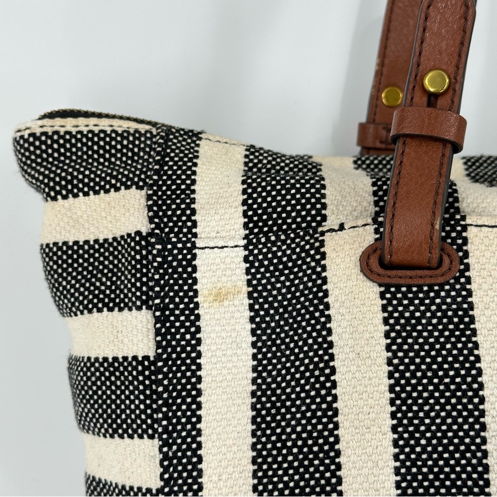 Fossil Stripe Canvas Tote Black Cream Leather Straps Purse Handbag - Picture 5 of 16